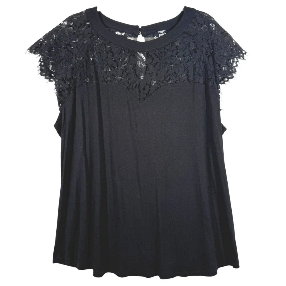 Perch by Blu‎ Pepper Womens Plus 2X Boho Top Black Lace Trim Crochet Yoke Blouse